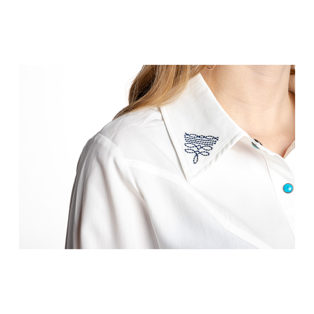 Rockin A Design Women's Boot Stitch Embroidered White Top With Turquoise Snaps