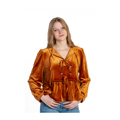 Rockin A Design Women's Rust Velvet Long Sleeve Peplum Top