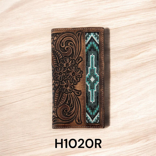 Rodeo Wallet Western Floral Carving Basket Tooling TT Finish Aztec Beads Green weis-western-wear