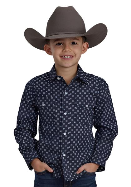 Roper Boy's Long Sleeve Button Up Navy And White Squares 01-030-0019-0678