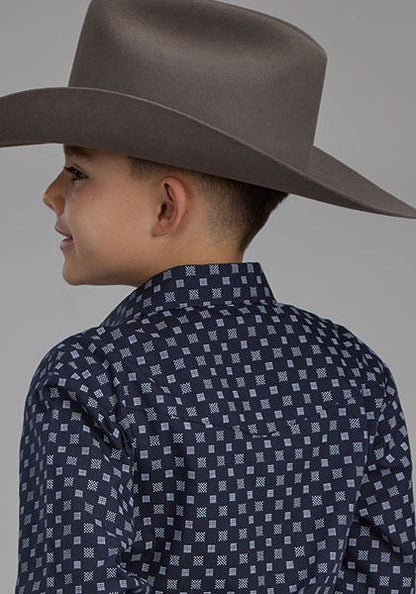 Roper Boy's Long Sleeve Button Up Navy And White Squares 01-030-0019-0678