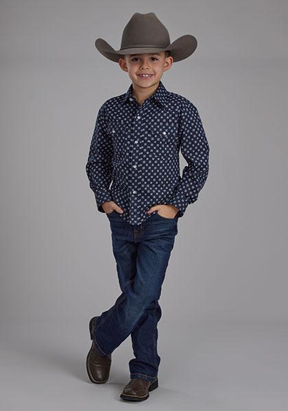 Roper Boy's Long Sleeve Button Up Navy And White Squares 01-030-0019-0678