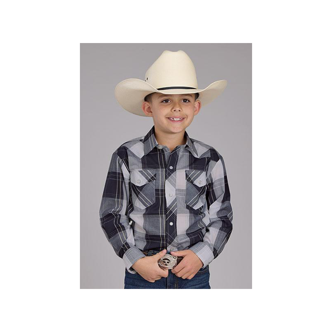 Roper Boy's Navy and White Windowpane Plaid Snaps Long Sleeve Western Shirt