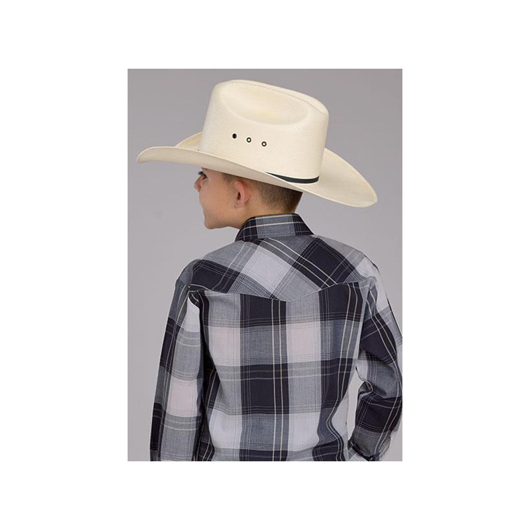 Roper Boy's Navy and White Windowpane Plaid Snaps Long Sleeve Western Shirt