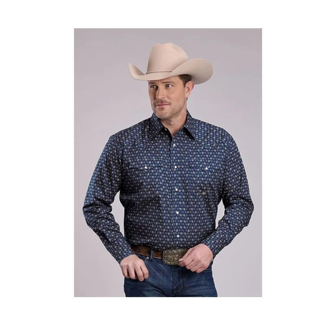Roper Men's Amarillo Long Sleeves Poplin Paisley - Navy - Stretch weis-western-wear