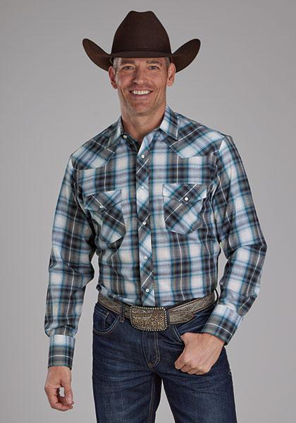 Roper Men's Tall Navy, Teal, & White Plaid Snap Shirt 01-001-0171-6091/ 01-001-0101-6091