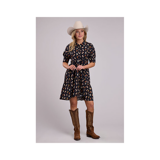 Roper Women's Baby Doll Dress Boot Print Black w/ Pattern