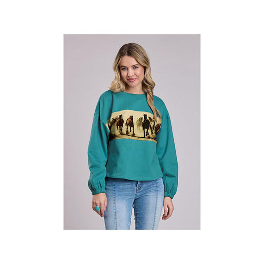 Roper Women's Cropped Teal Crew Neck Pull Over, Horse Print Front Pannel weis-western-wear