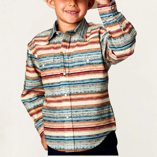 Roper Boy's Long Sleeve Distressed Aztec Print Snap Shirt-CLEARANCE