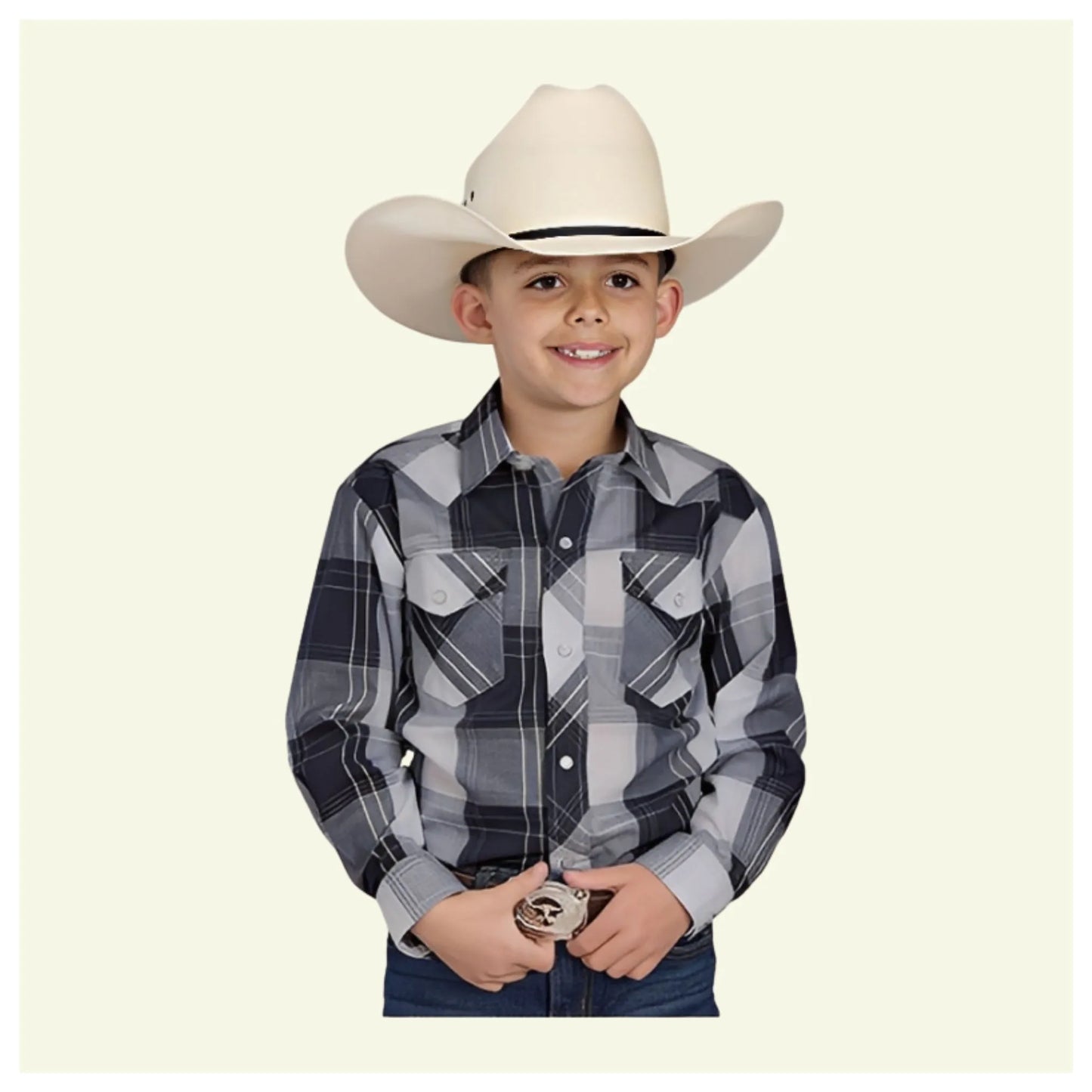 Roper Boy's Navy and White Windowpane Plaid Snaps Long Sleeve Western Shirt