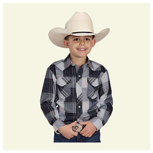 Roper Boy's Navy and White Windowpane Plaid Snaps Long Sleeve Western Shirt