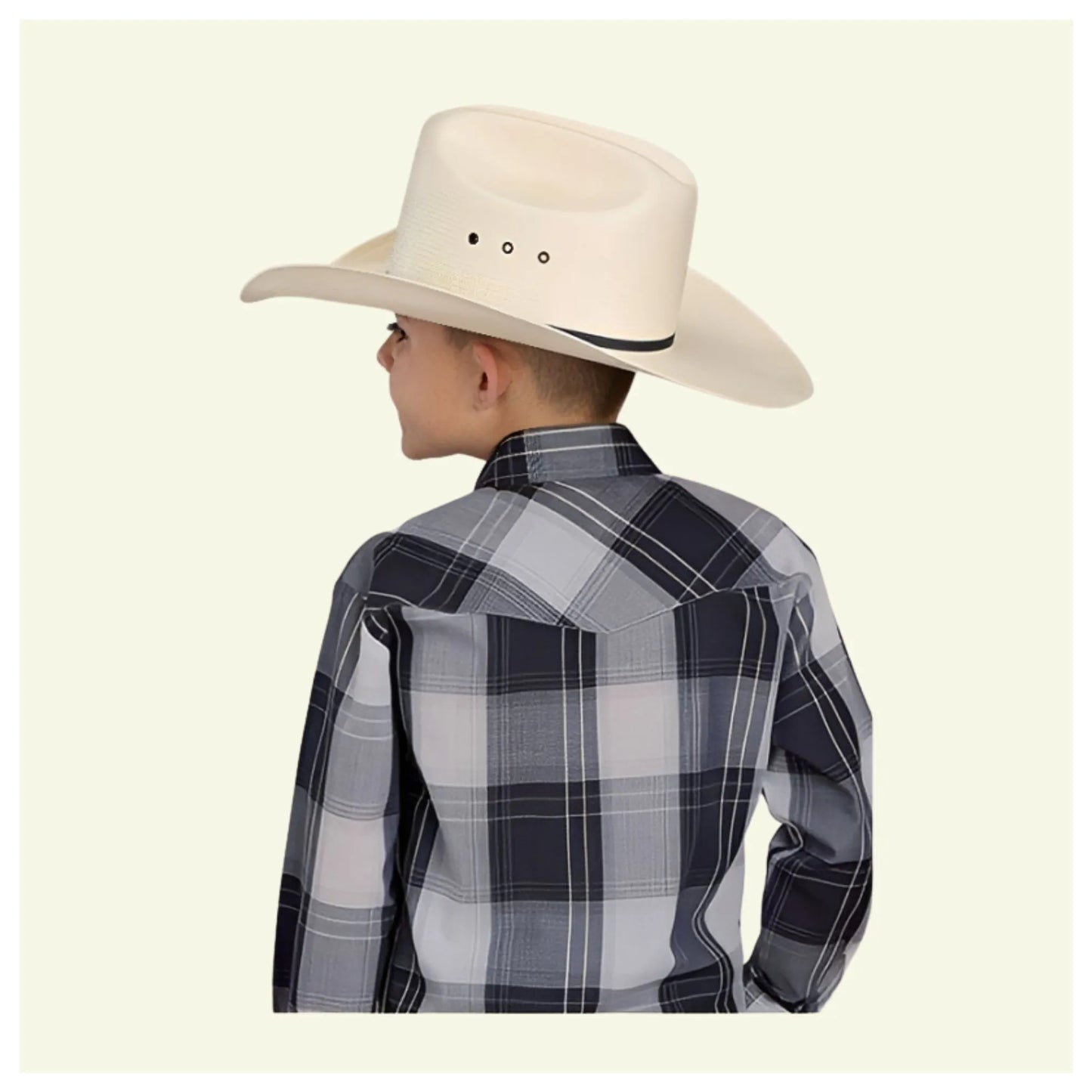 Roper Boy's Navy and White Windowpane Plaid Snaps Long Sleeve Western Shirt