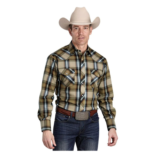 Roper Men's Tan Plaid Snap Long Sleeve Western Shirt