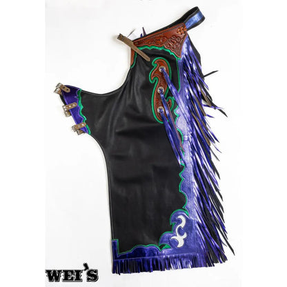 Saddle Barn Pro rough stock leather rodeo chaps in black and silver, full front view.