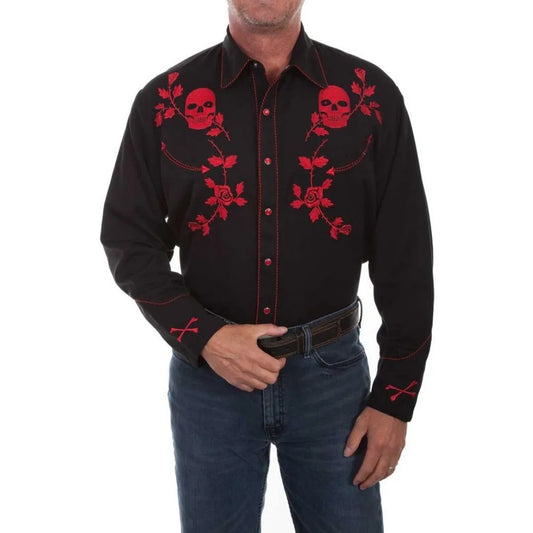 Scully Men's Shirt - Skull / Roses Embroidery - Black weis-western-wear