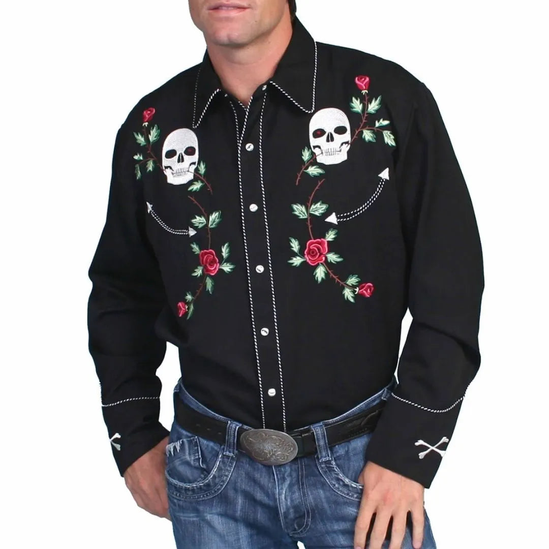 Scully Men's Shirt - Skull / Roses Embroidery - Black weis-western-wear