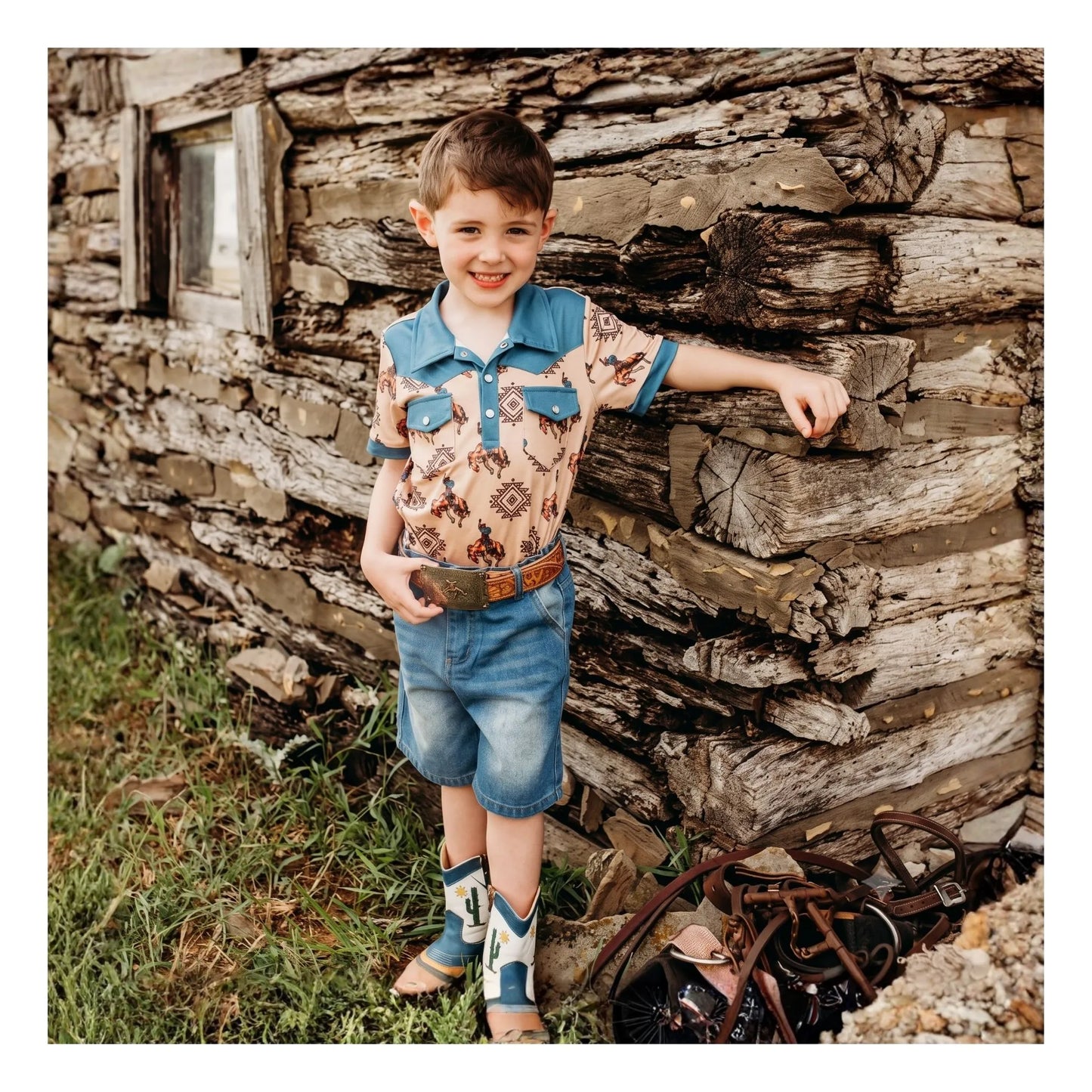 Shea Baby Aztec Bucking Horse Pearl Snap Tee