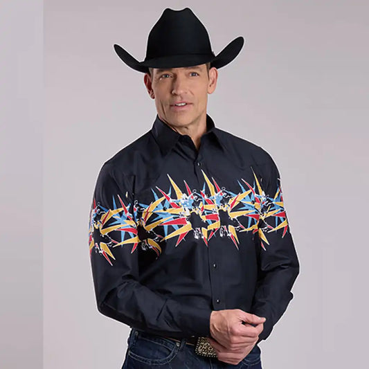 Roper Men's Scene Border Print Black Western Snap Shirt