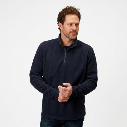 Man wearing a navy blue pullover against a white background