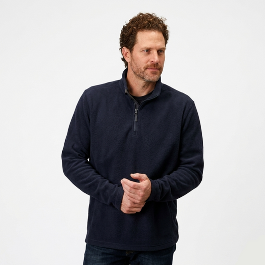 Man wearing a navy blue pullover against a white background