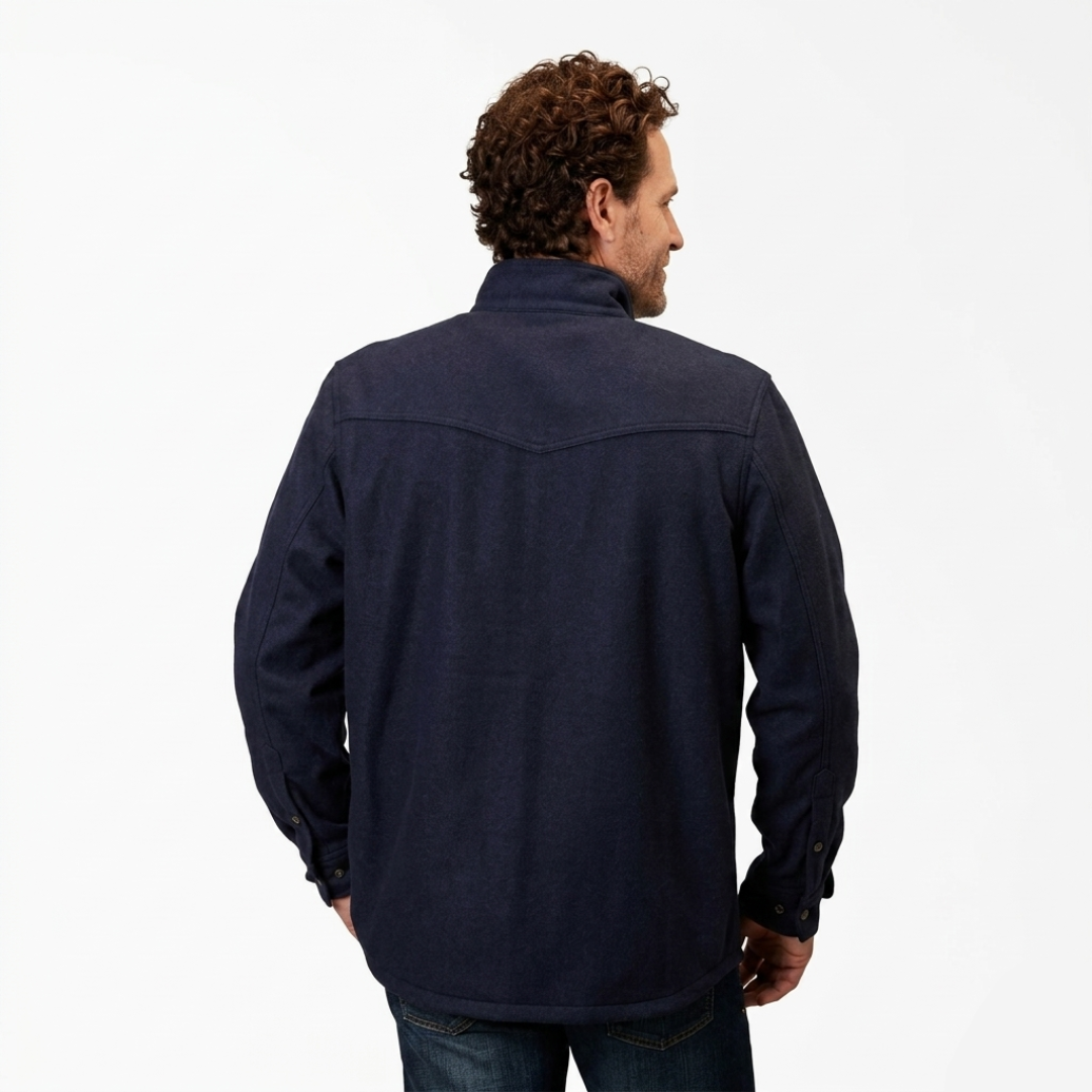 Man wearing a dark blue jacket on a white background