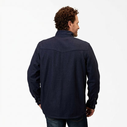 Man wearing a dark blue jacket on a white background