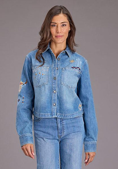 Stetson Women's Med Blue Denim Crop Blouse W/ Embroidery