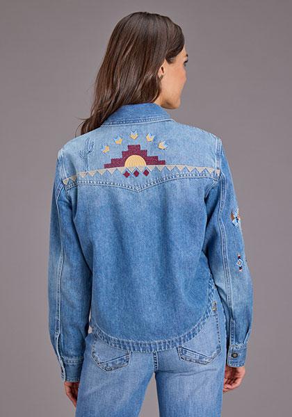 Stetson Women's Med Blue Denim Crop Blouse W/ Embroidery