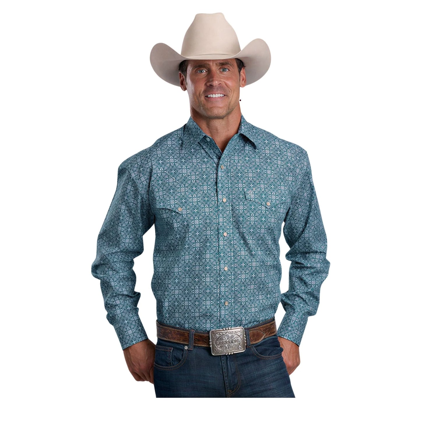 Stetson Men's Teal Filgree Print Snap Short Sleeve Western Shirt
