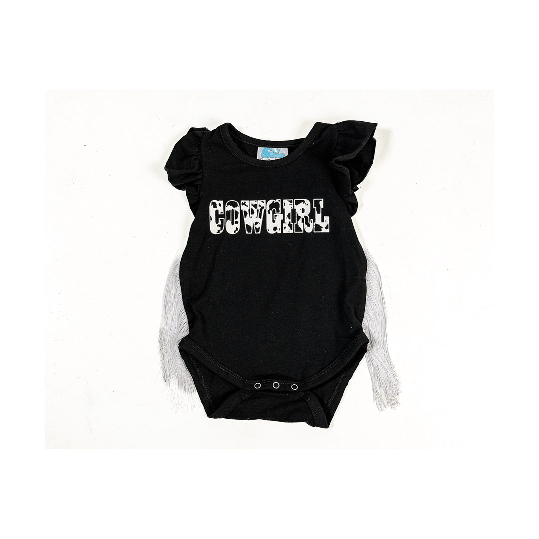Shea Baby Girl Black or Brown Cowprint Fringe Onesie - Shea Baby