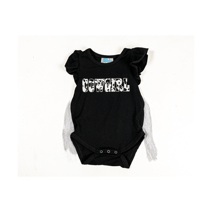 Shea Baby Girl Black or Brown Cowprint Fringe Onesie - Shea Baby