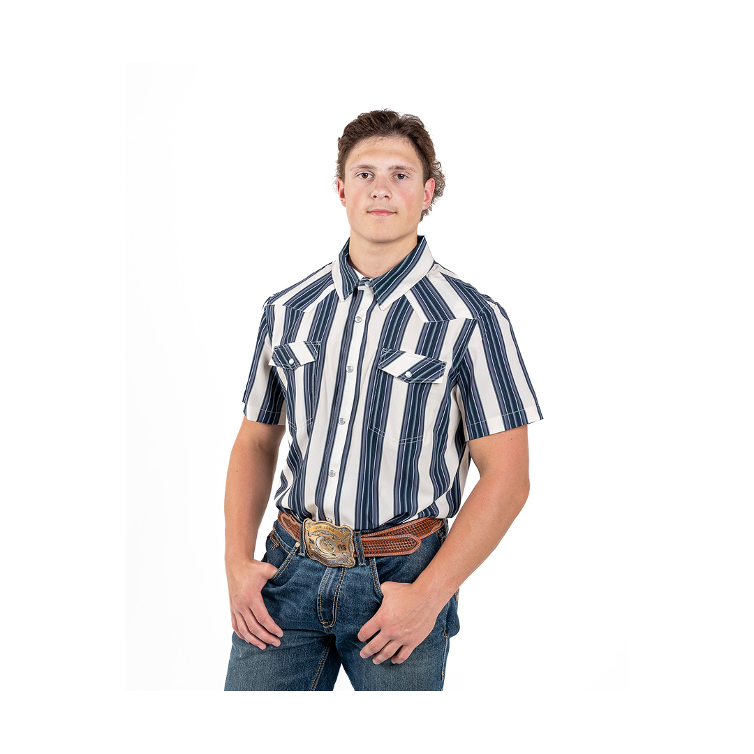 Panhandle Slim Men's Black And Cream Striped Short Sleeve Snap Western Shirt