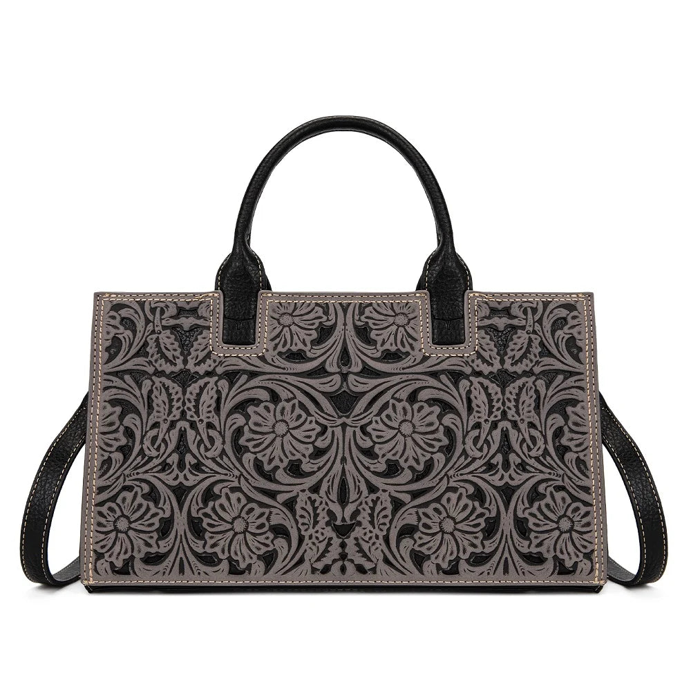 Trinity Ranch Floral Tooled Leather Western Satchel Tote Bag - Black