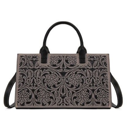 Trinity Ranch Floral Tooled Leather Western Satchel Tote Bag - Black