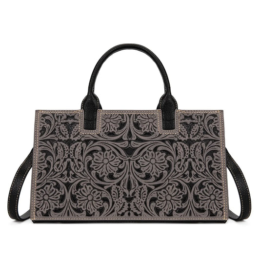 Trinity Ranch Floral Tooled Leather Western Satchel Tote Bag - Black