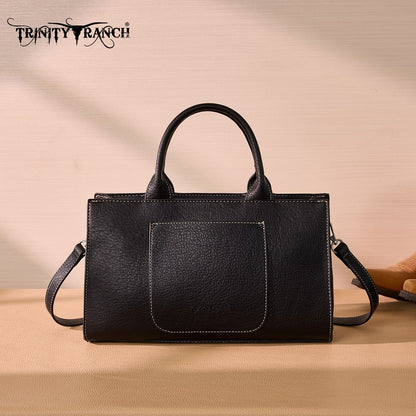 Trinity Ranch Floral Tooled Leather Western Satchel Tote Bag - Black
