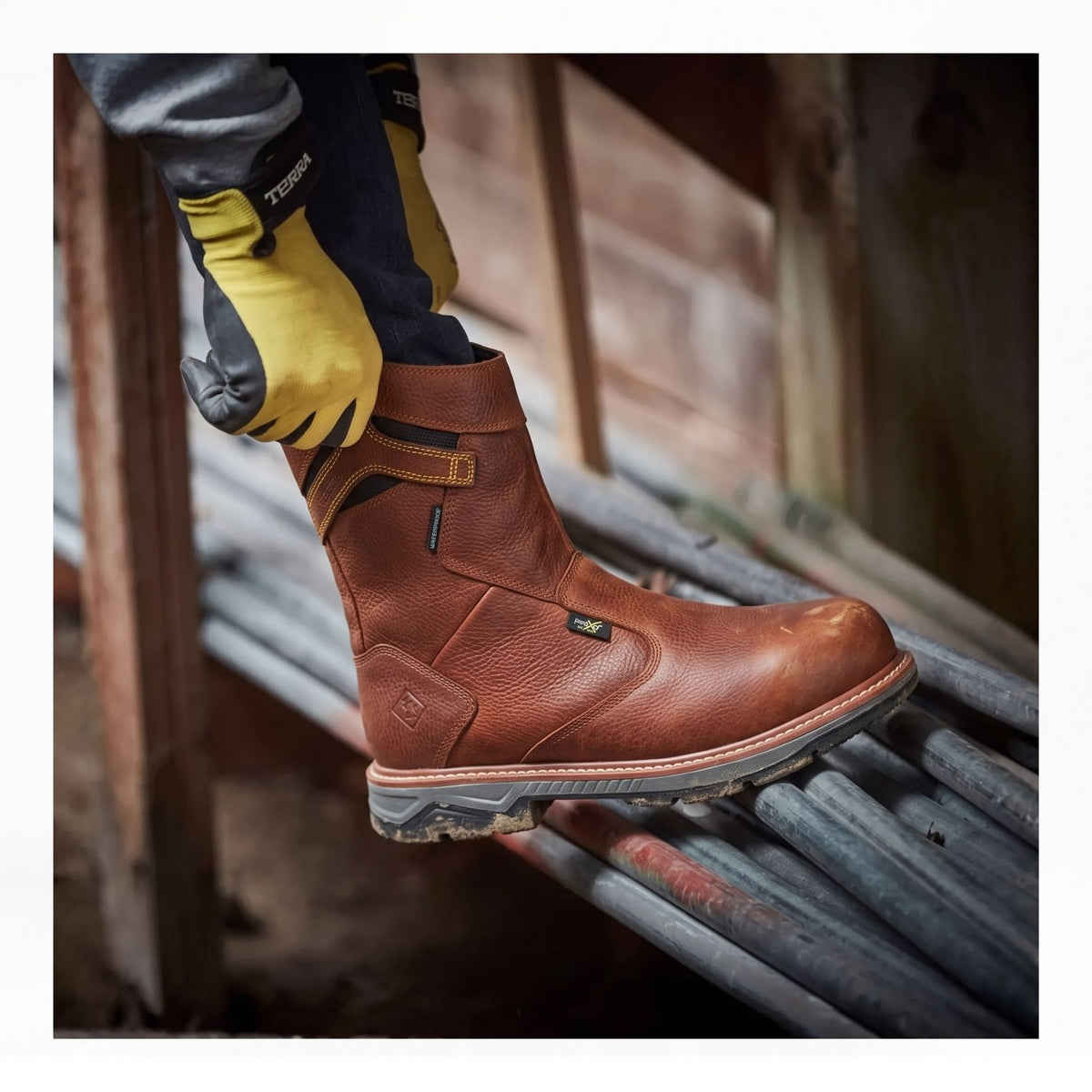 Terra Men's Patton Wellington Waterproof Aluminum Toe Pull-On Safety Work Boot- In-Met Guard Brown