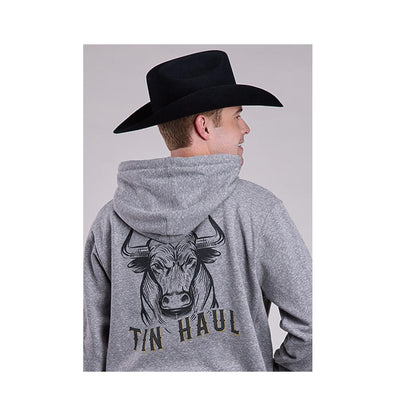 Tin Haul Men's Hoodie Bull Full Screen On Back Grey weis-western-wear