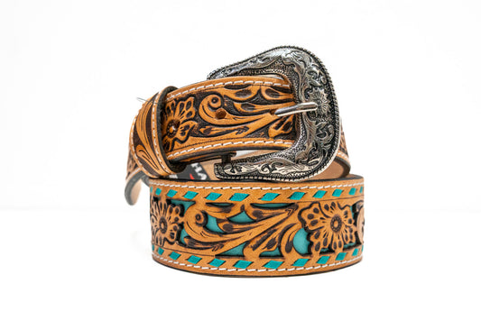 Challenger Tooled With Teal Inlay Leather Belt