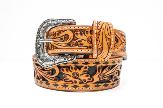 Challenger Tooled Black Underlay Leather Belt