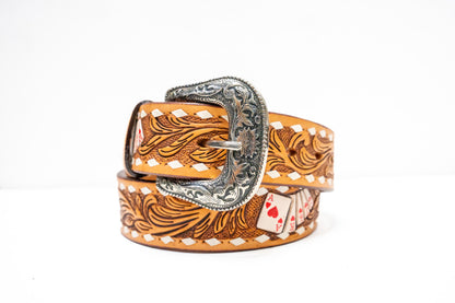 Challenger Tooled With Deck Of Cards Design Leather Belt