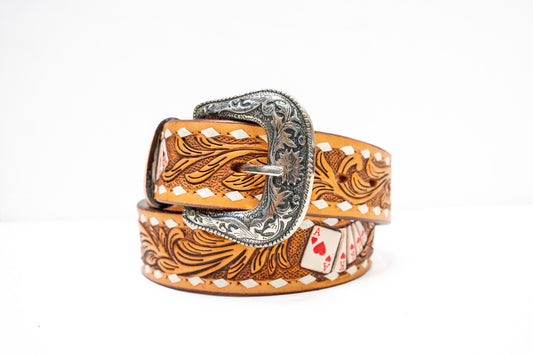 Challenger Tooled With Deck Of Cards Design Leather Belt