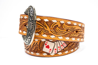 Challenger Tooled With Deck Of Cards Design Leather Belt