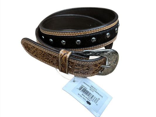 Western Fashion Accessories Twisted X Men's Engraved Hair On Belt With Studs XABH1001