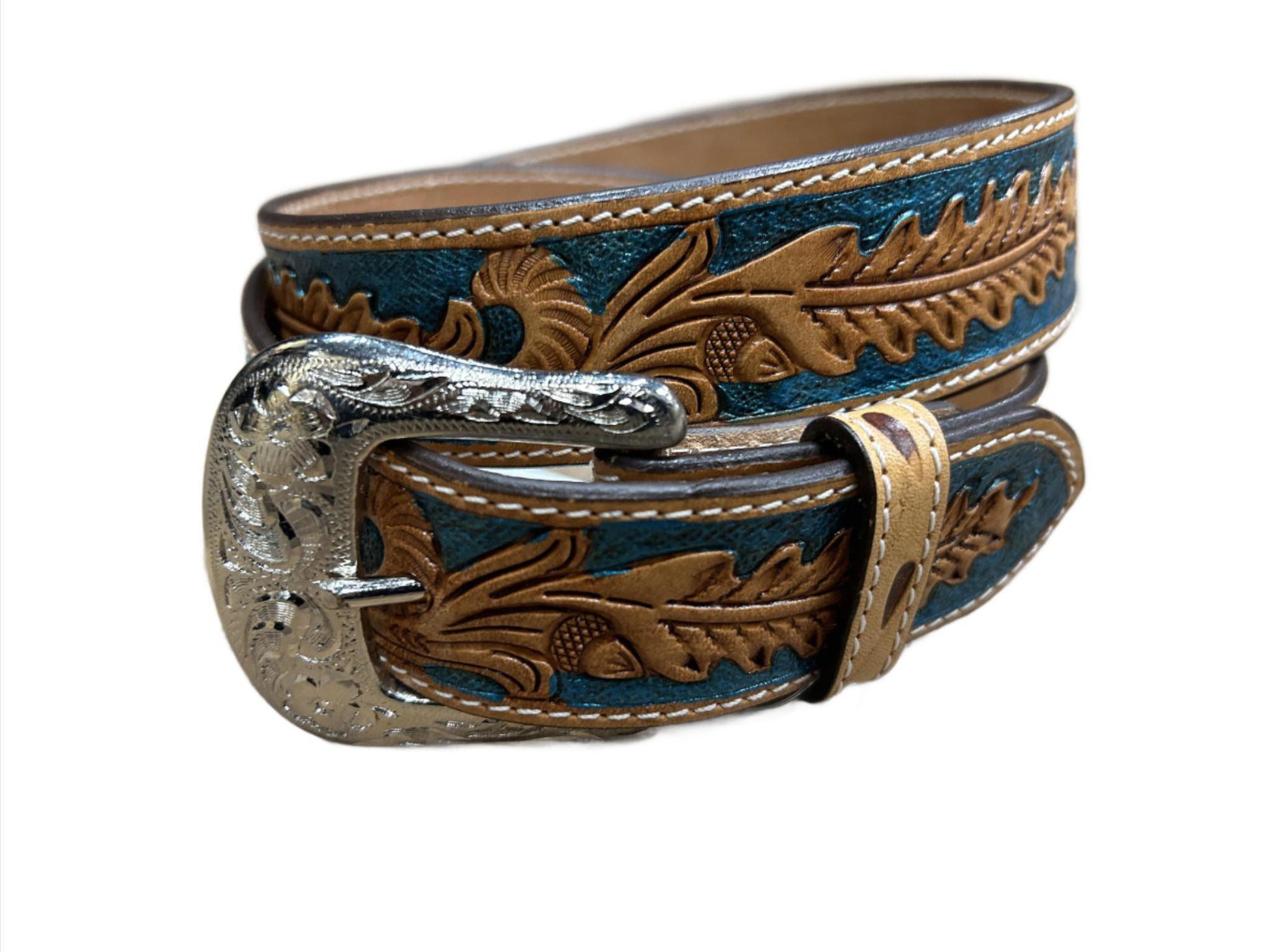 Western Fashion Accessories Twisted X Metallic Turquoise Tooled Leaf Leather Belt