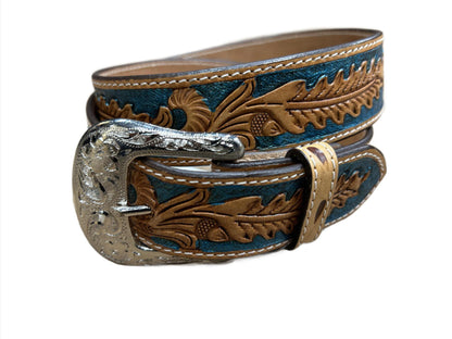 Western Fashion Accessories Twisted X Metallic Turquoise Tooled Leaf Leather Belt