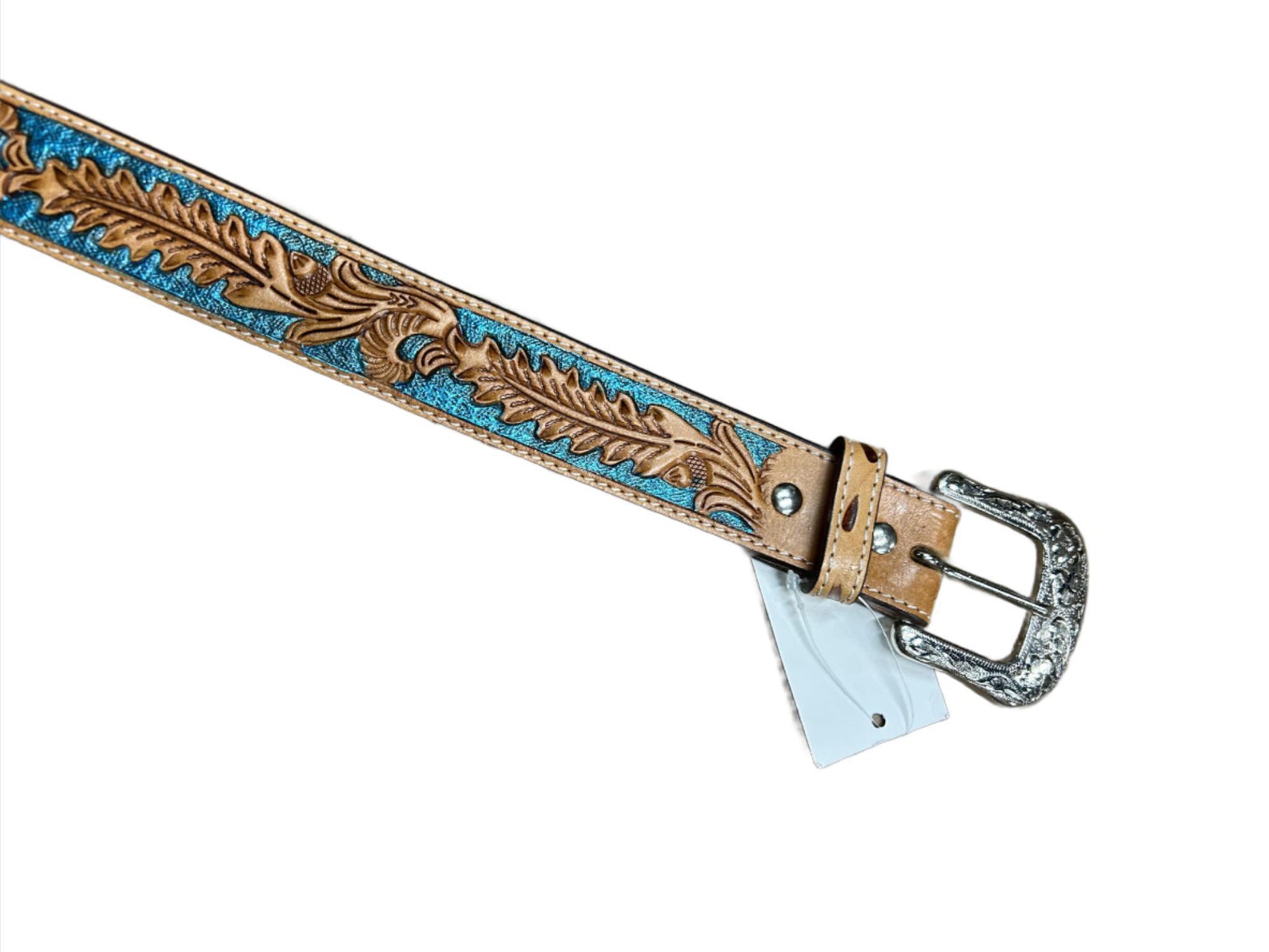 Western Fashion Accessories Twisted X Metallic Turquoise Tooled Leaf Leather Belt