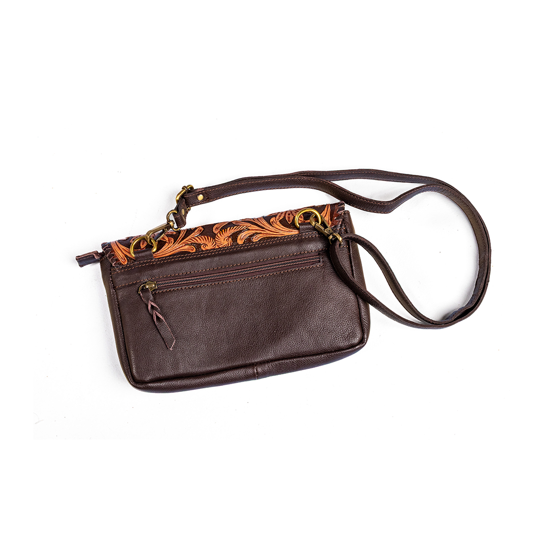 Western Linen Brown Tooled Leather Cowhide Crossbody Bag