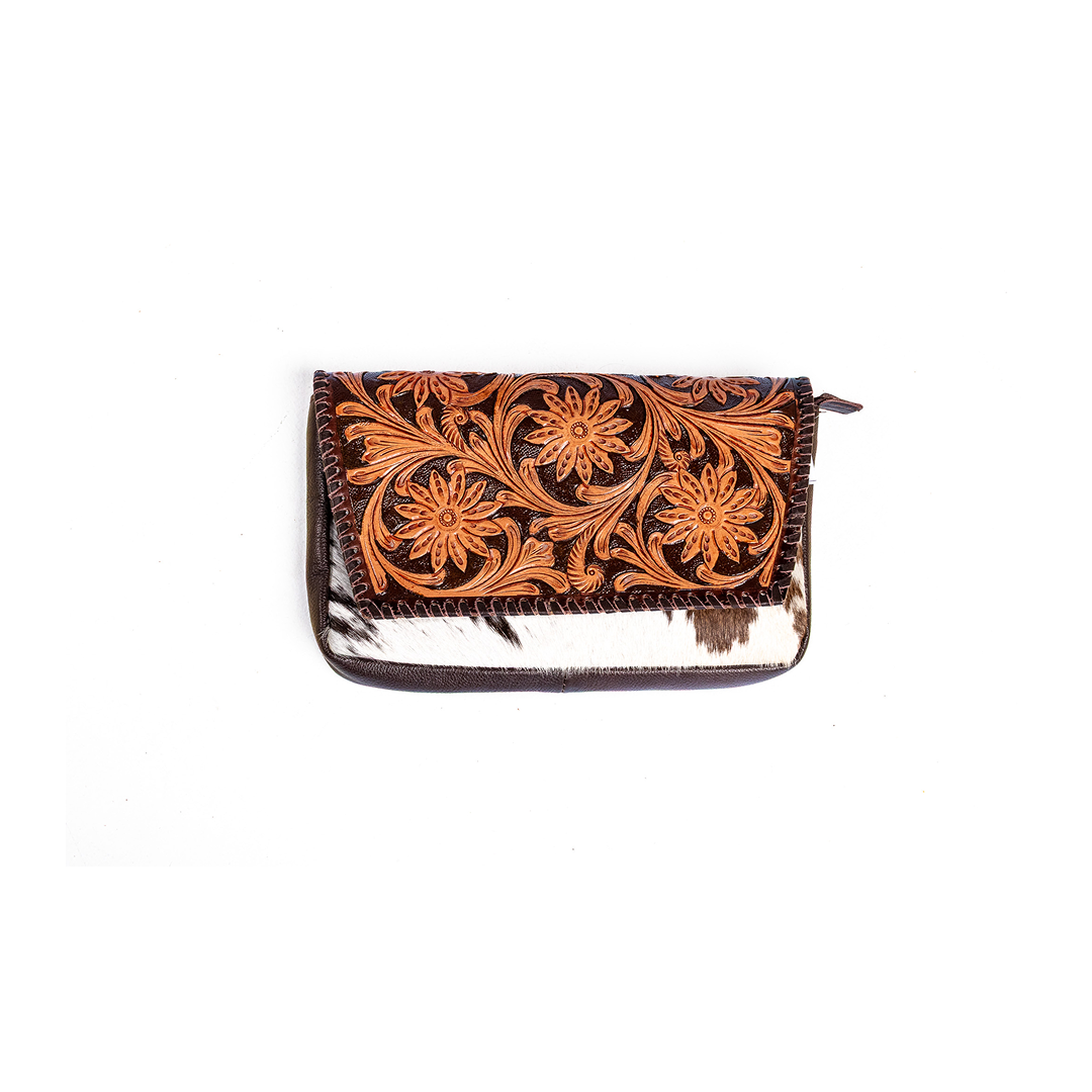 Western Linen Brown Tooled Leather Cowhide Crossbody Bag