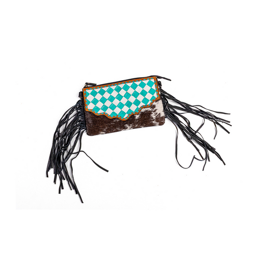 Western Linen Teal Tooled Leather With Cowhide Crossbody Purse